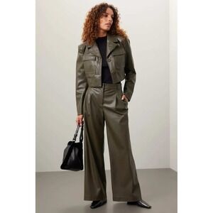 Saunders Collective Olive Green Faux Leather Wide Leg Pleated Pants Size 4